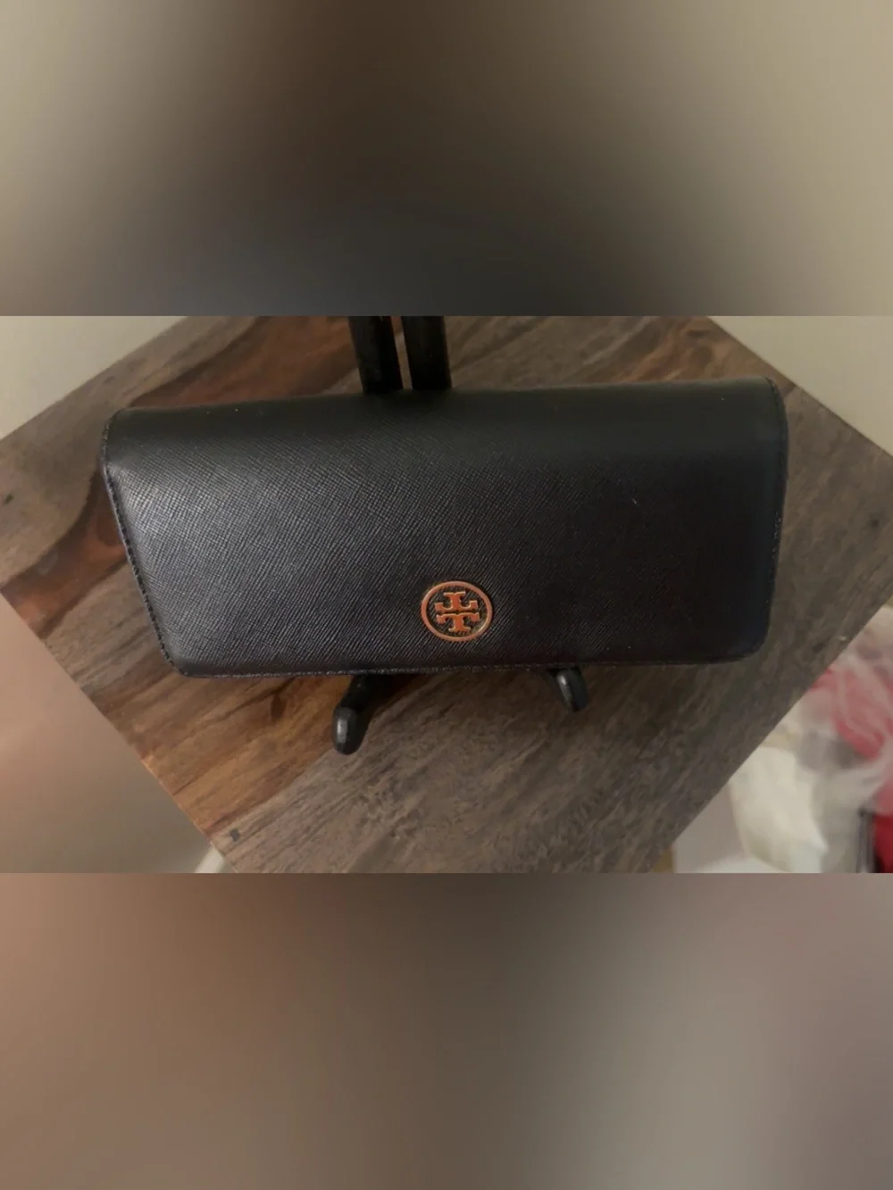 Tory Burch Black Leather Continental Wallet with Gold Logo